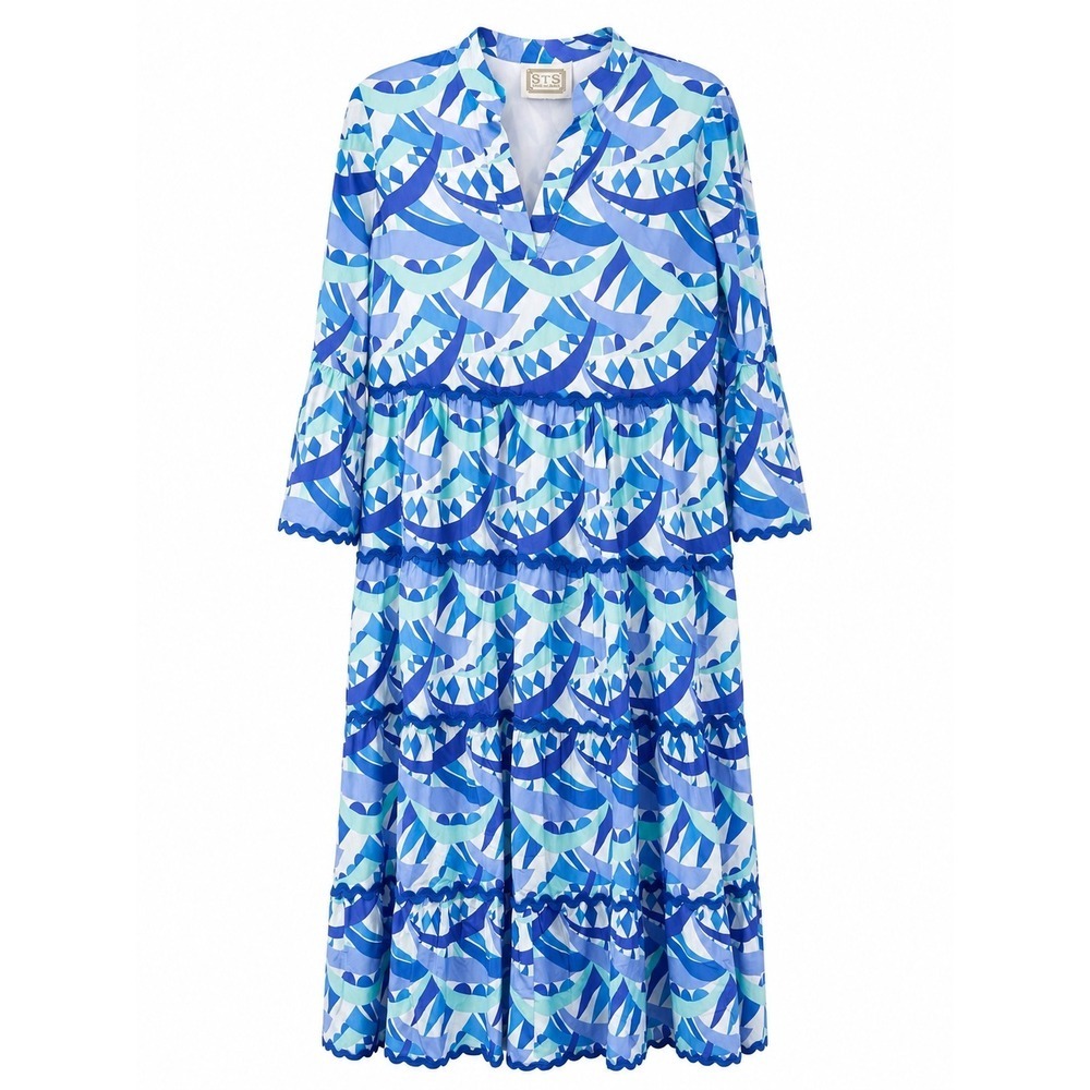 Sail to Sable STS Tiered Midi Dress Blue Multi Ric Rac Trim Lined Orig $228 XL